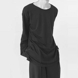 慵懒风u型大领t恤男亲肤透气宽松长袖防晒衣低领针织雪花麻打底衫