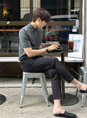 高级感纯色针织polo衫男美式复古修身短袖cityboy翻领t恤冰丝线衣