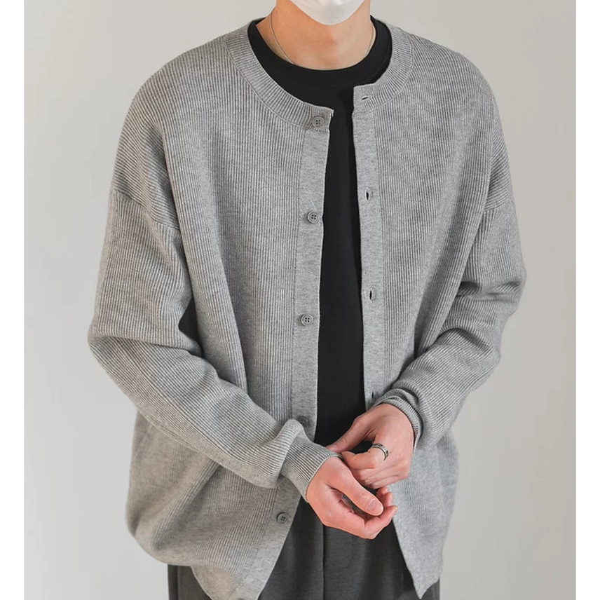 包芯纱针织开衫圆领排扣修身长袖