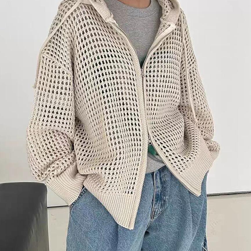 韩系镂空针织连帽开衫男双拉链宽松长袖卫衣网眼指套防晒帽衫外套