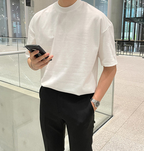 中领内搭打底衫 半高领t恤男纯色宽松五分短袖 亲肤舒适棉质体恤潮