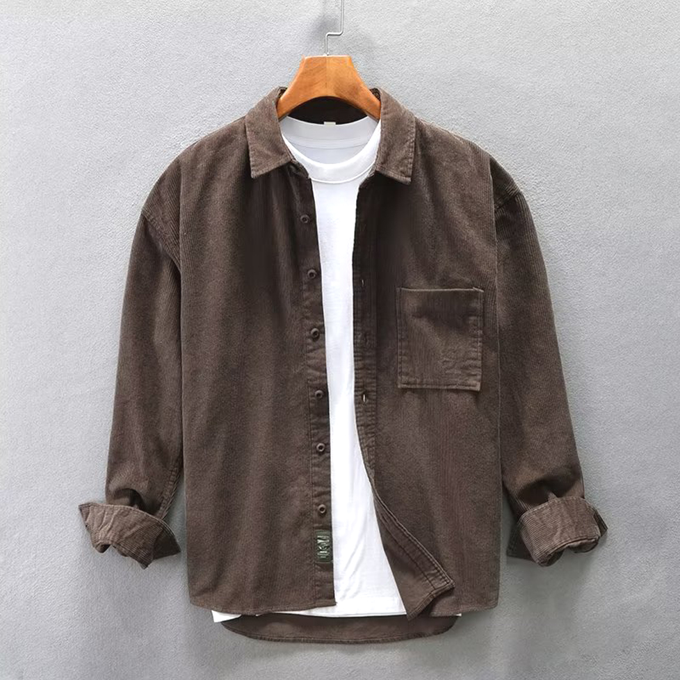 欧货灯芯绒衬衫男潮美式复古棕色长袖口袋款休闲工装衬衣条绒保暖
