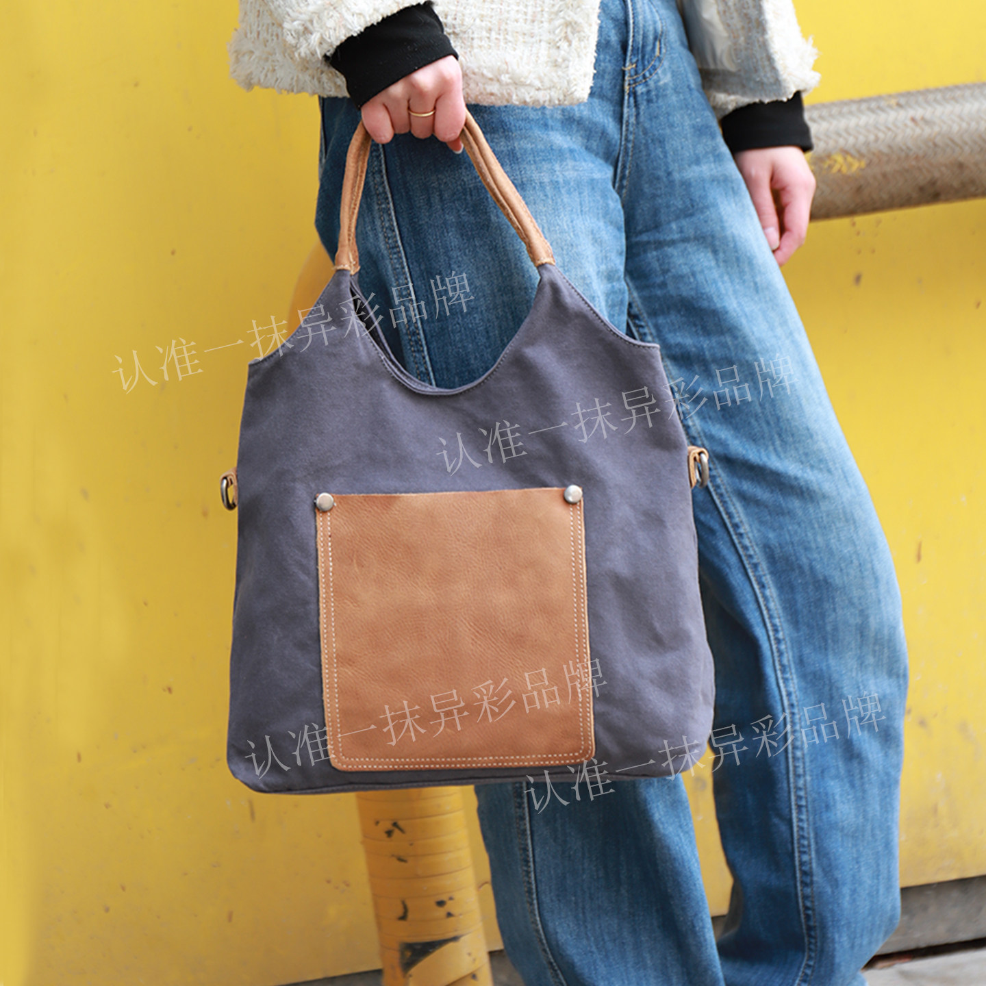 简约帆布时尚手提包高级感百搭拼接撞色通勤女包外出轻便两用单肩