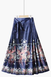 秋冬季复古民族国风马面裙中长一片式绑带印花百褶汉服缎面半身裙