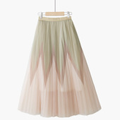 秋冬新款 显瘦网纱半身裙 甜美复古清新撞色拼接印花几何高腰中长款