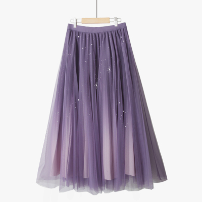 秋冬渐变色百褶闪亮片蕾丝大裙摆中长款复古洋气时尚网纱半身裙子