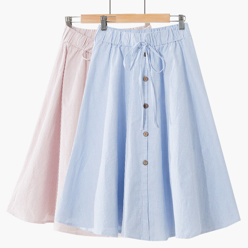 2020 Spring and summer Like a breath of fresh air student Elastic Paige Show thin Versatile Big swing skirt Single breasted stripe skirtin the Women's clothing/Boutique , Skirts  category - from Buy2taobao.com to provide professional Taobao agent buy service