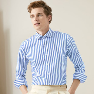 温莎领潮流上装 粗条纹痞帅衬衣男款 休闲蓝白条纹衬衫 春秋时尚 长袖