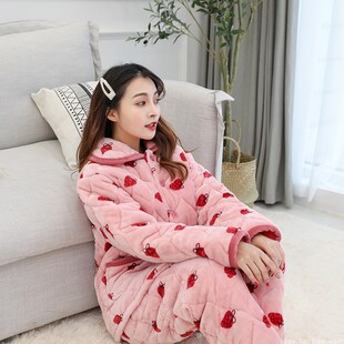 女式家居服秋冬季睡衣加厚夹棉法兰绒珊瑚绒棉袄套装反季清仓包邮