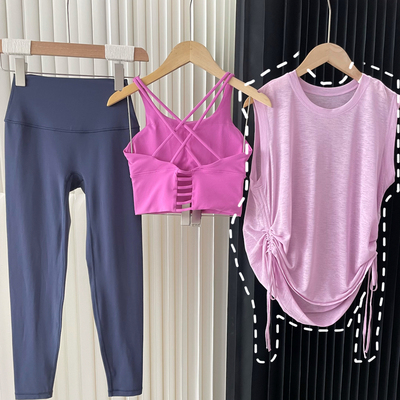 竹节纱气宽松圆领无袖运动上衣下摆抽绳瑜伽罩衫1293