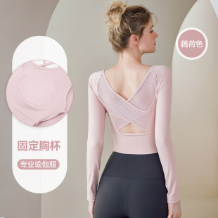 短袖 带胸垫网纱交叉美背t恤运动健身训练服上衣863 长袖