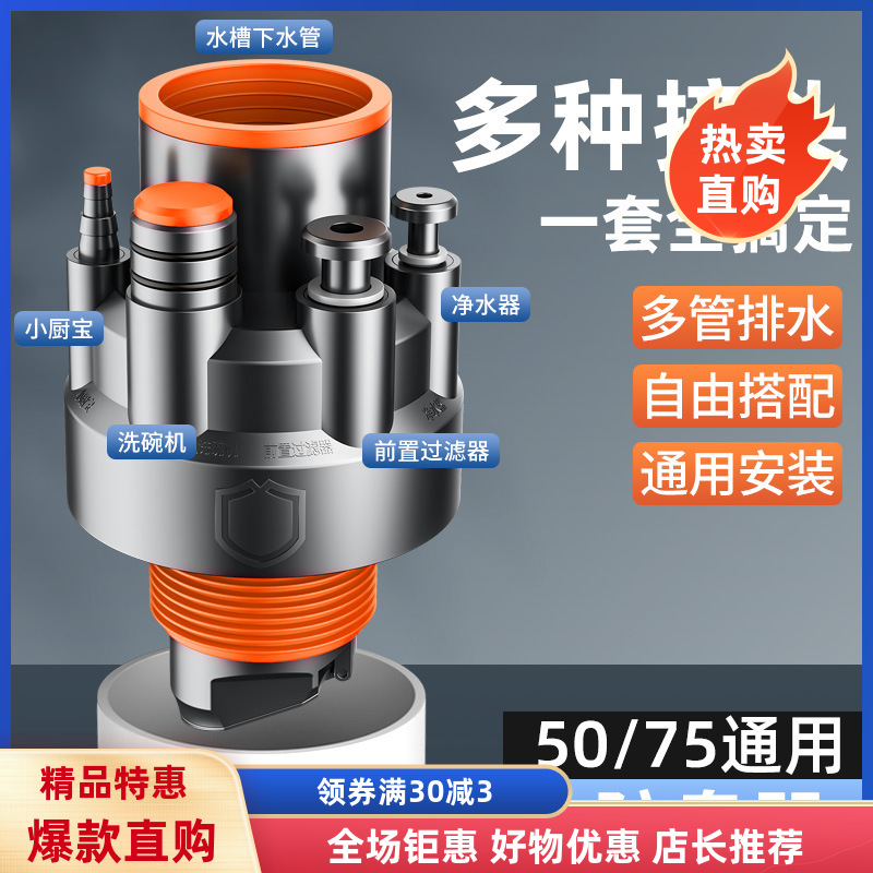 厨房下水管三头通洗碗机水槽排水管净水器密封塞分流水防返臭神器
