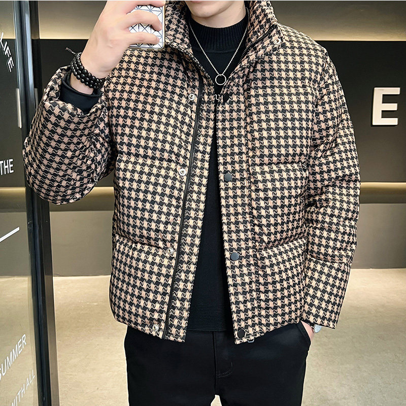 ZERODEGREENORTH 남성용 숏 다운 재킷 고급스러운 스탠드 칼라 가벼운 체크 무늬 캐주얼 따뜻한 재킷