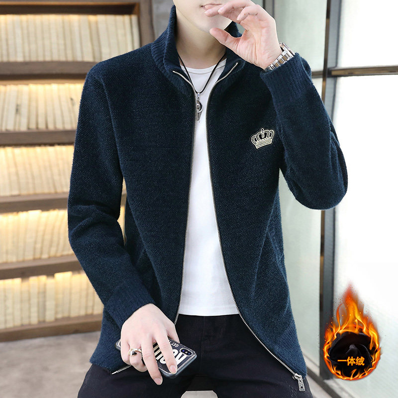 ZERODEGREENORTH 가을 겨울 따뜻한 가디건 원피스 스탠드 칼라 남성 밍크 벨벳 슬림핏 다용도 캐주얼 자켓