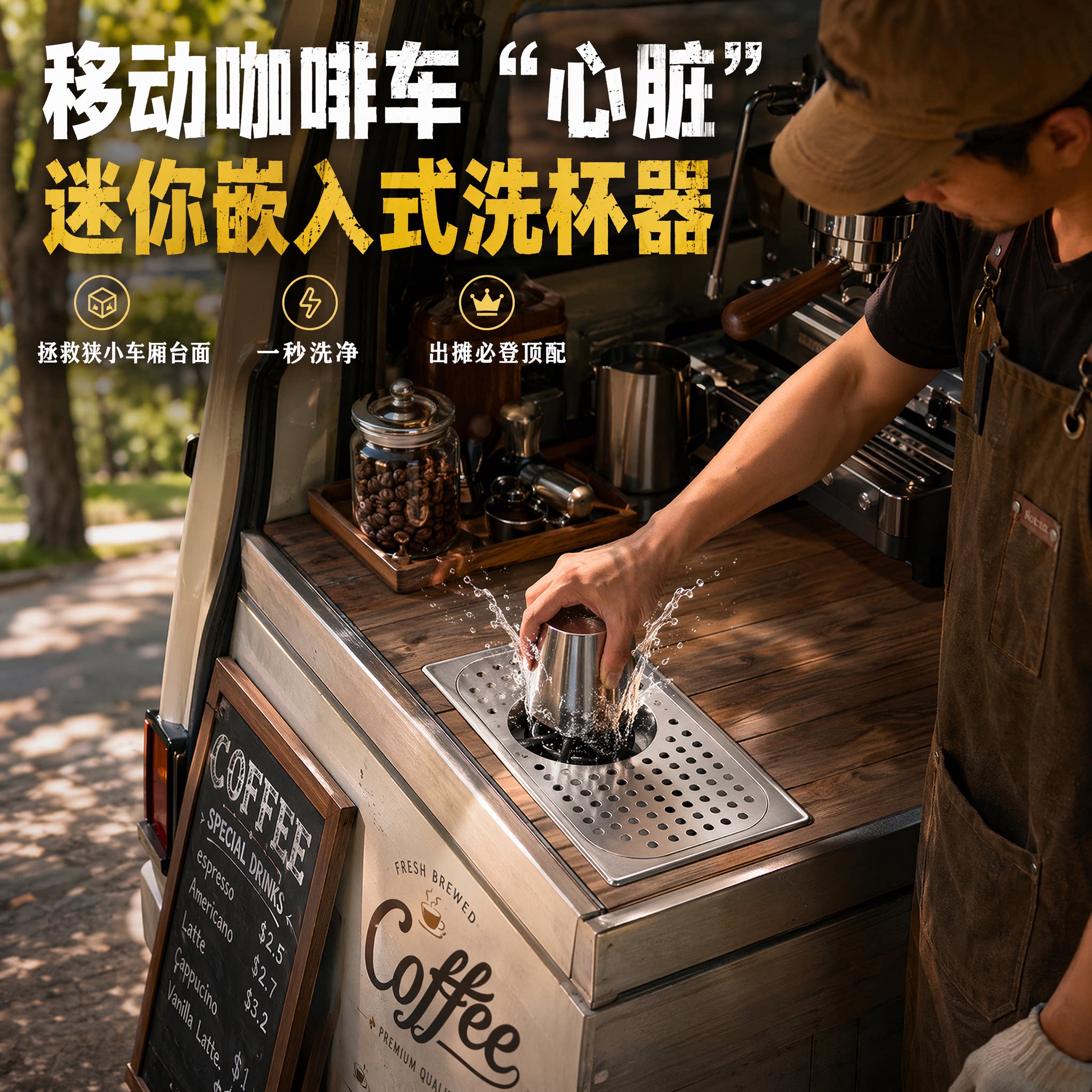 嵌入式不锈钢洗杯器移动咖啡车摆摊商用吧台高压快速冲杯神器