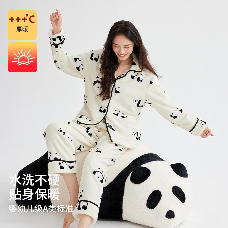 日本GP法兰绒睡衣女冬天熊猫秋冬季绒女加厚家居服套装珊瑚绒睡衣