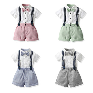 外贸童装夏季儿童纯色短袖领结棉衬衫背带短裤男童套装