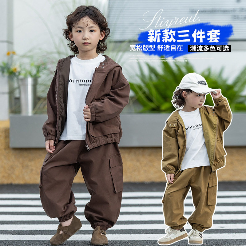 男童春秋新款连帽工装三件套韩版
