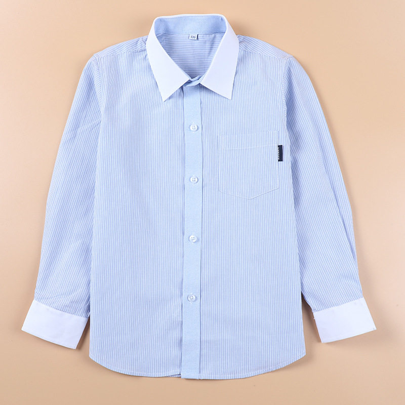 童装条纹长袖纯棉白领校服衬衫男
