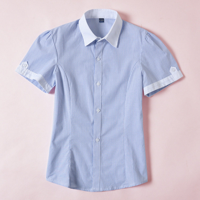 女童纯棉条纹泡泡袖短袖衬衫夏季