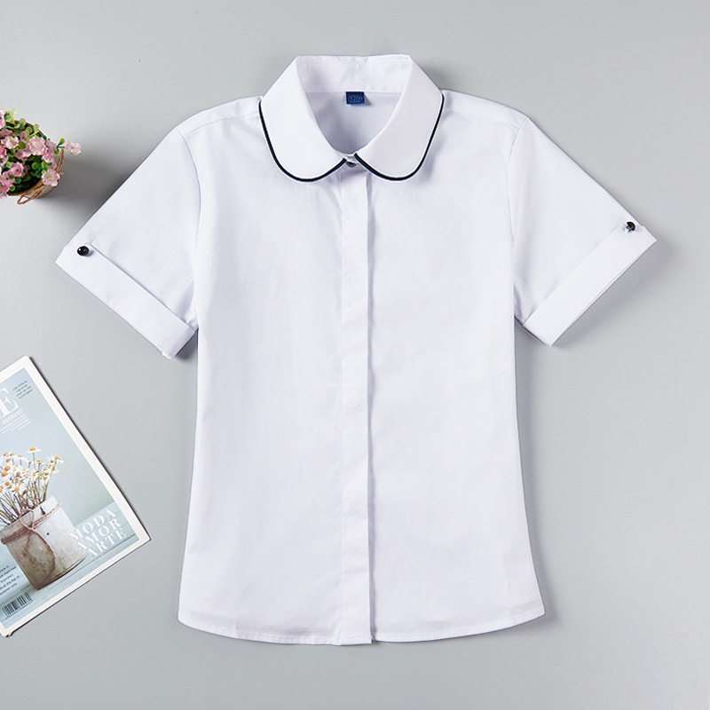 女童夏季纯棉白衬衫校服圆领翻领