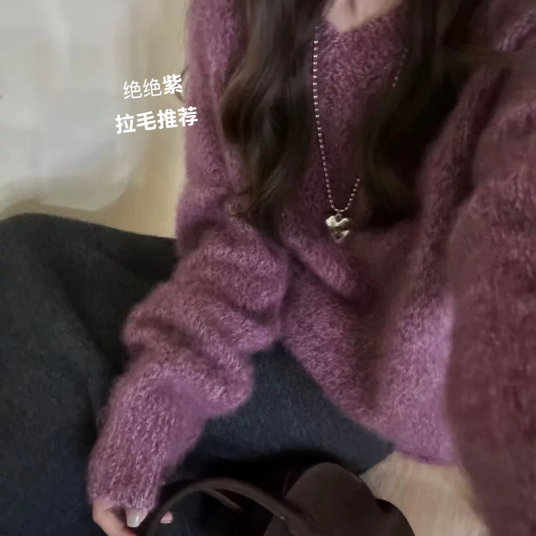 羊绒拉绒V领女秋冬2025新款花纱显瘦保暖羊毛上衣蓝眼泪加厚毛衣