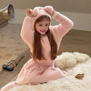 套裙韩系女童小熊貂绒开衫 儿童貂绒加厚毛衣开衫 外套 新款 2025冬季