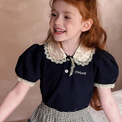 配钻2025夏季童装女童学院风翻领polo上衣韩系娃娃领儿童短袖T恤