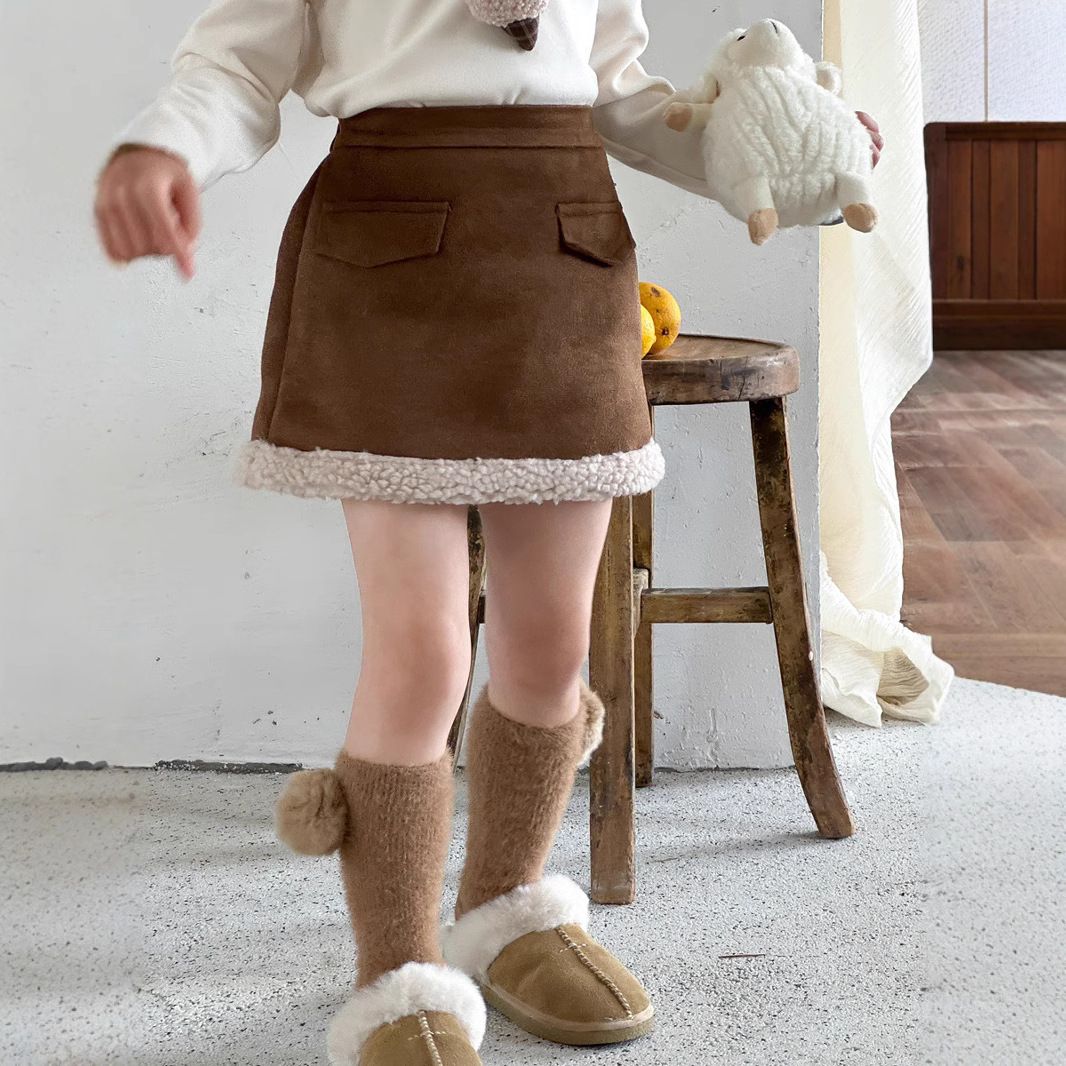 2024洋气女童皮毛一体半身裙 儿童宝宝鹿皮绒羊羔毛半身裙短裙