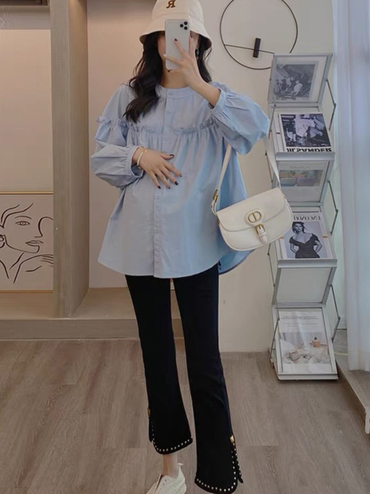 출산 가을 정장 티셔츠 새 봄 여름 한국 스타일 셔츠 여성 BABYDOLL 셔츠 긴 소매 탑 청바지 투피스 세트