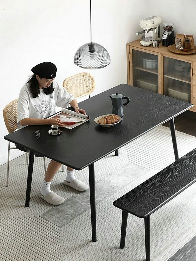 意式极简实木黑色设计师洽谈桌办公桌侘寂风长条书桌家用个性餐桌