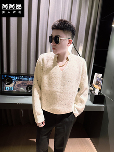 2025秋冬新款 复古潮流套头线衣 潮牌V领宽松慵懒风针织毛衣男个性