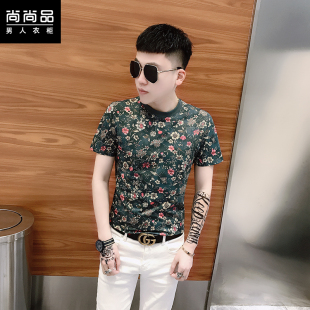 中国风印花圆领短袖男2026夏季新款潮流修身薄款t恤时尚花色上衣