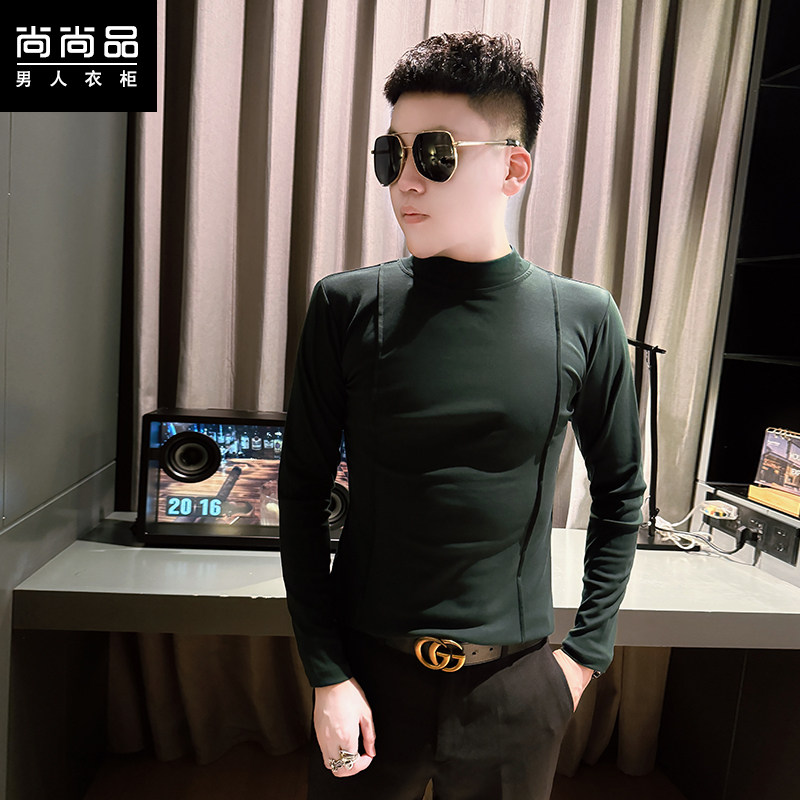 2025春秋新款男士纯色痞帅半高领打底衫潮流修身高级感套头长袖t