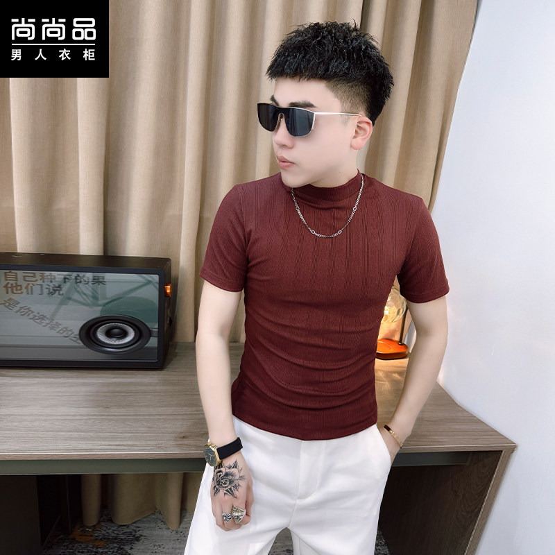 夏季韩版男士小中领短袖t恤韩版高端透气紧身弹力暗花半袖打底衫