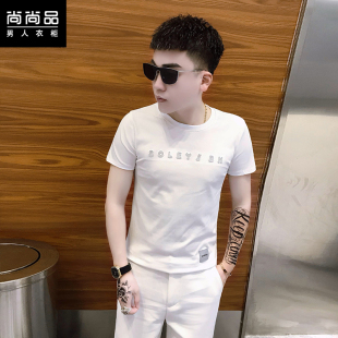 2023夏季新款韩版男士潮流修身圆领短袖t恤潮男帅气简约半袖上衣