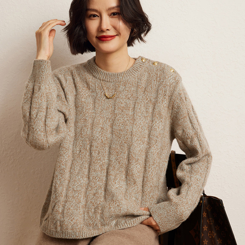 山羊绒衫女圆领宽松麻花针织衫侧肩系扣套头加厚慵懒风羊绒毛衣