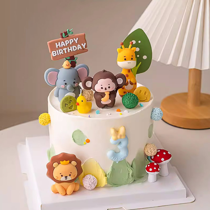 软胶森系动物园蛋糕装饰摆件大象长颈鹿儿童生日烘焙狮子猴子插件