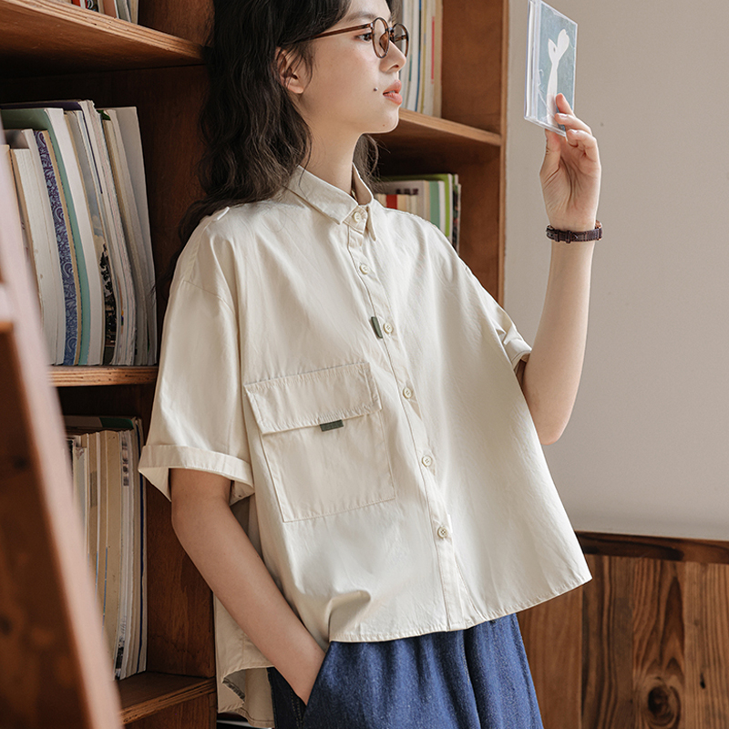 工装衬衫女短袖夏季上衣日式文艺设计感衬衣五分袖宽松前短后长