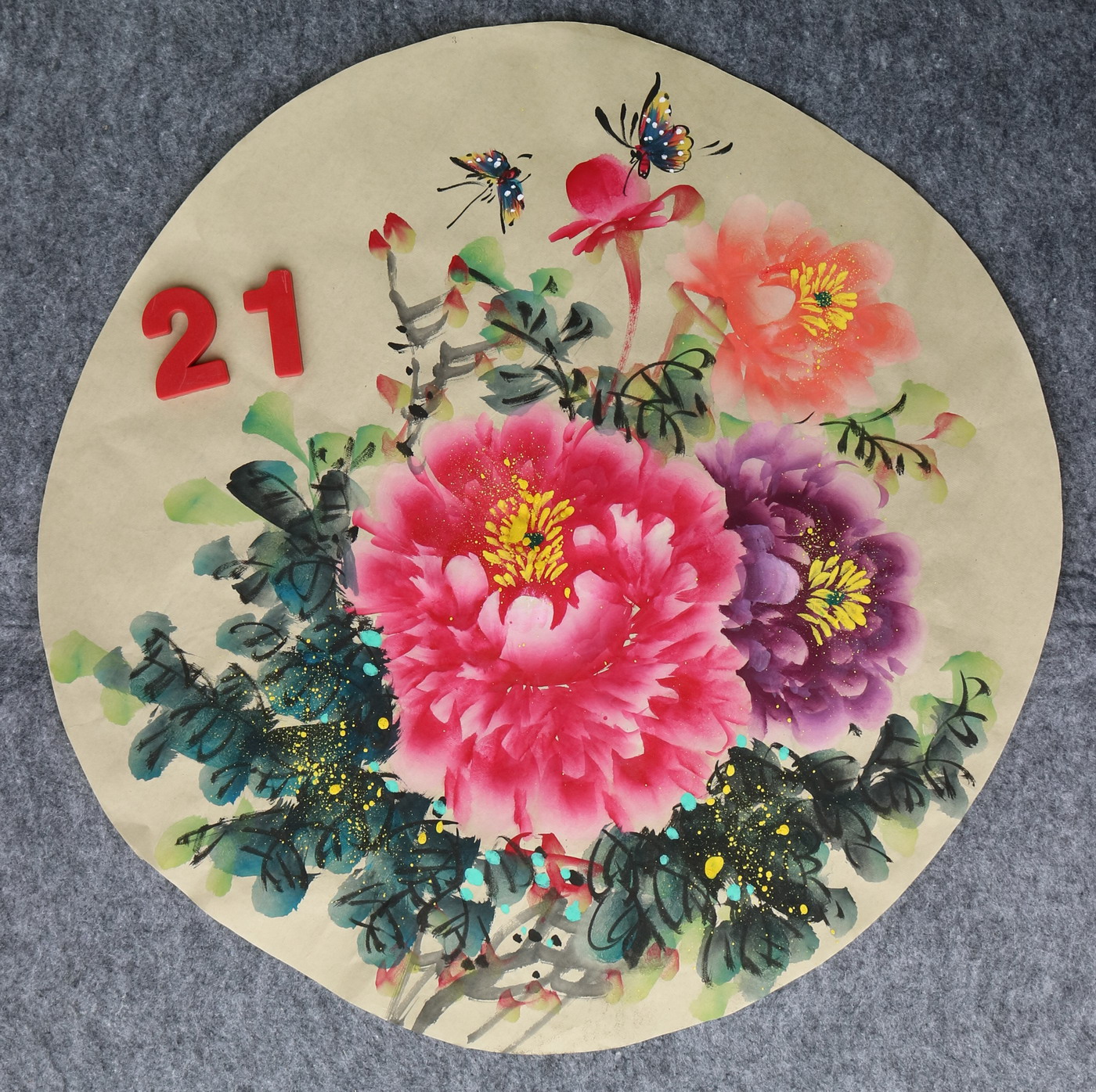 直径49厘米手绘花鸟圆形牡丹图字画国画客厅装饰挂画特价HA582321图片