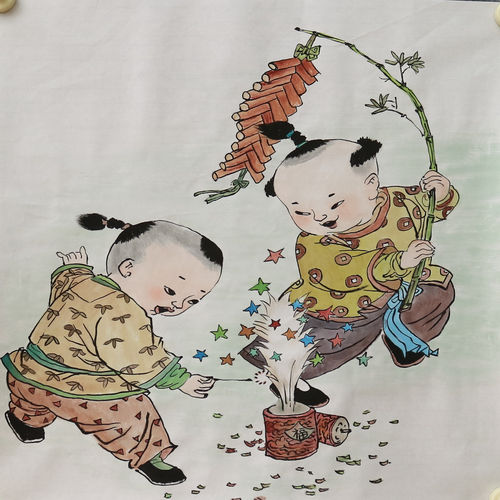 手绘人物童趣图国画客厅装饰挂画无款画芯三尺斗方特价HD572410