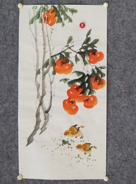 宝墨轩水墨花鸟手绘国画客厅字画装饰挂画四尺四开柿子中堂E90-10