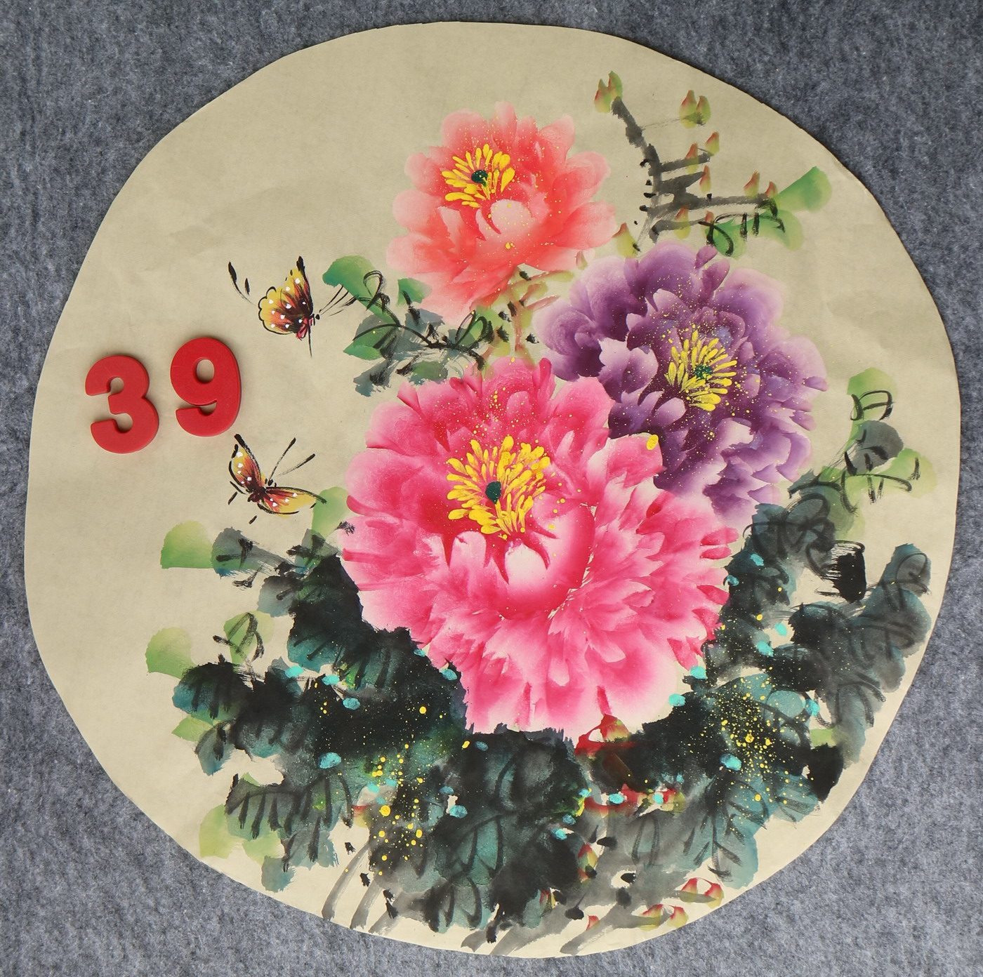 直径49厘米手绘花鸟圆形牡丹图字画国画客厅装饰挂画特价HA582339图片