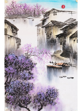 手绘桃花山水春景图国画福地雅居客厅玄关富山春居图挂画特价E6
