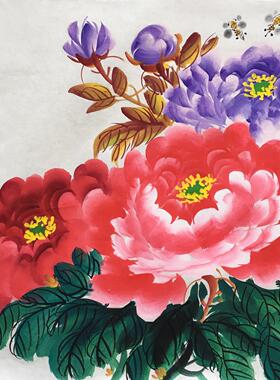 手绘小品花鸟画国画牡丹花画客厅