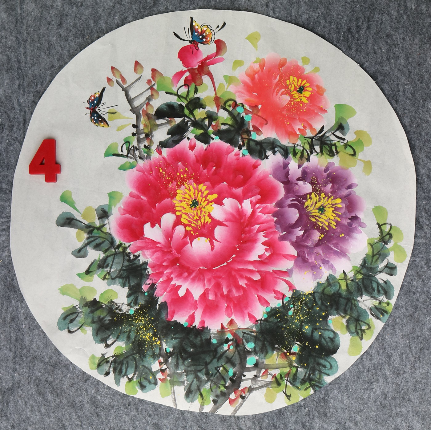 直径49厘米手绘花鸟圆形牡丹图字画国画客厅装饰挂画特价HA582304图片