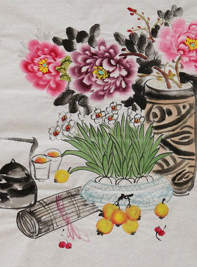 手绘花鸟国画清供图博古图客厅装饰挂画四尺斗方画芯特价HB58306