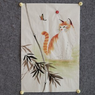 HM572402 四尺三开花鸟画手绘国画葫芦竹子紫藤猫趣图客厅挂画特价