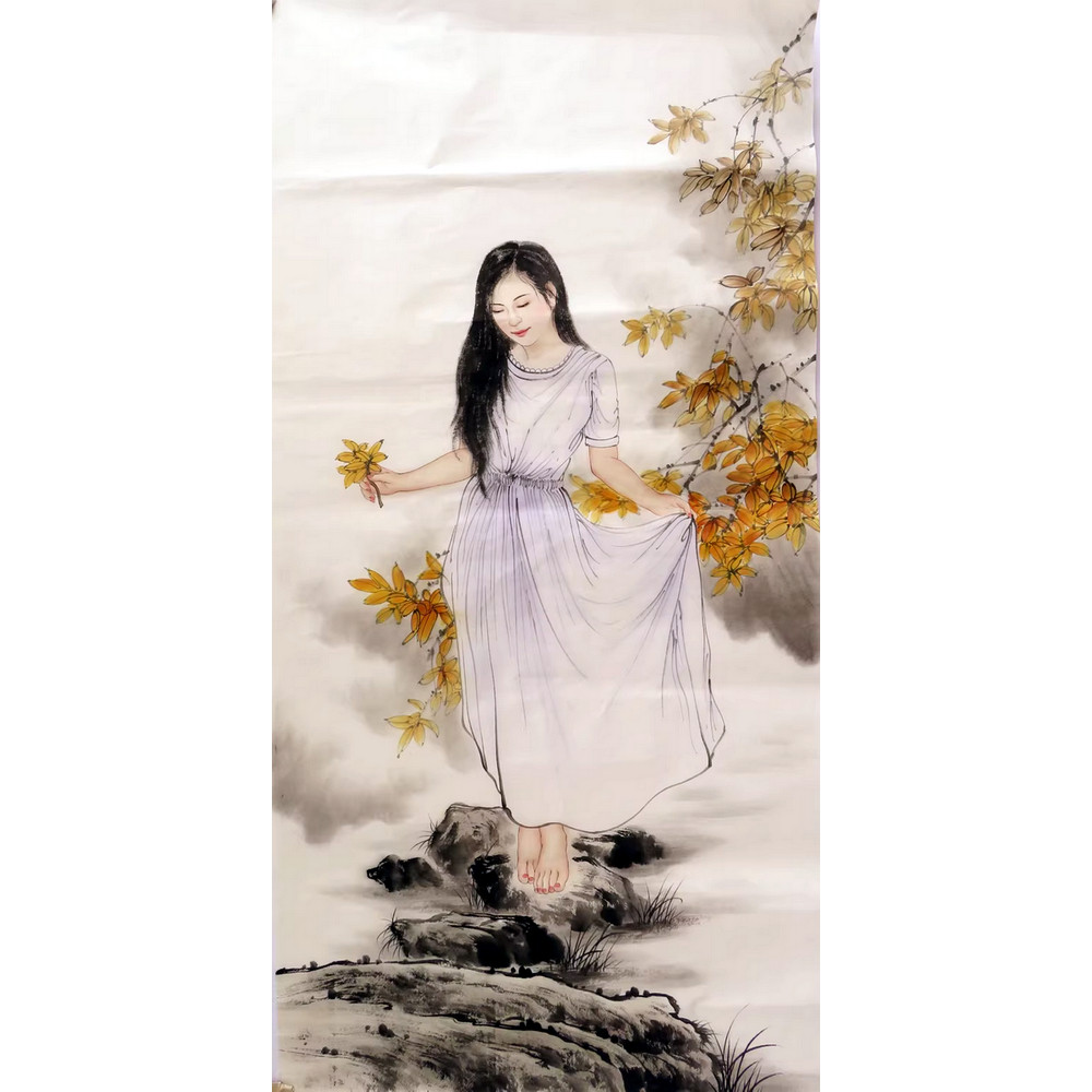 水墨美女绘画客厅玄关四尺作品