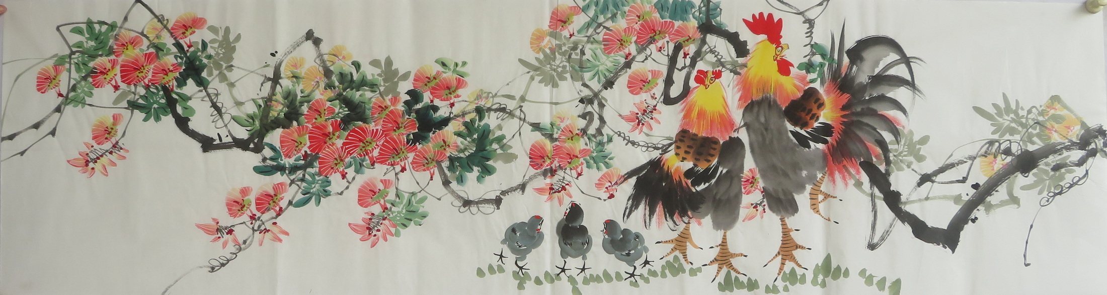 凌霄花鸟鸡国画作品手绘六尺对开无款画芯客厅装饰挂画特价e33-17